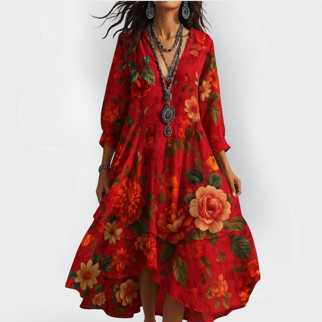 Mia | Boho Floral Midi Dress V-Neck 3/4 Sleeve Tiered Hem