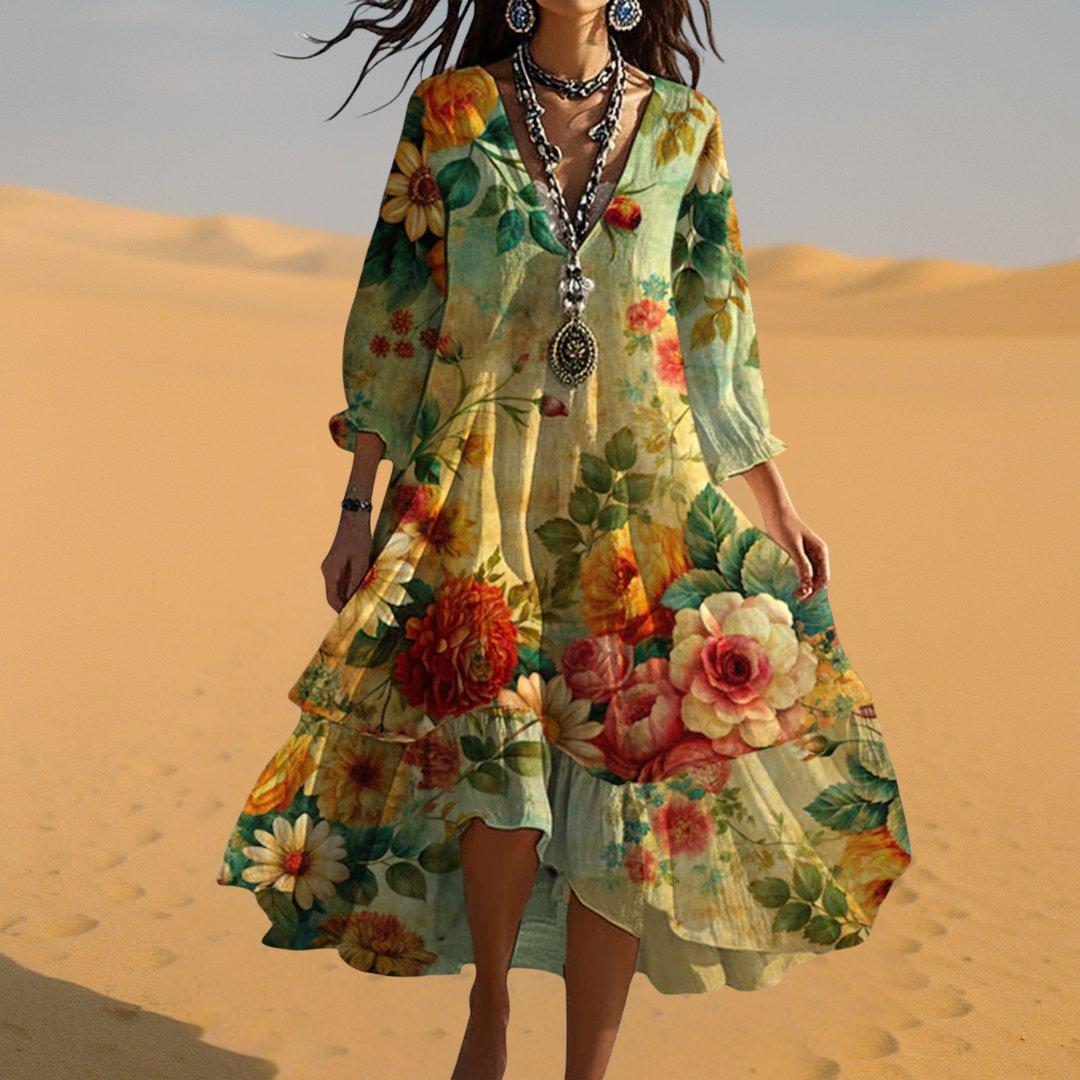 Mia | Boho Floral Midi Dress V-Neck 3/4 Sleeve Tiered Hem