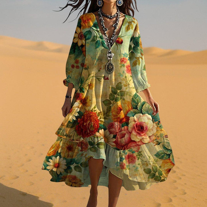 Mia | Boho Floral Midi Dress V-Neck 3/4 Sleeve Tiered Hem