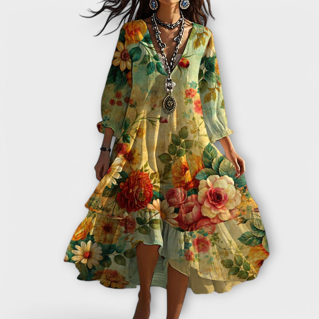 Mia | Boho Floral Midi Dress V-Neck 3/4 Sleeve Tiered Hem