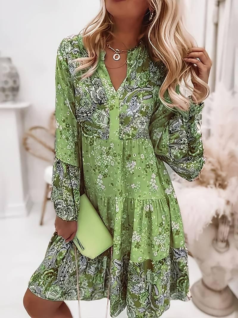 Olivia | Boho Midi Dress V-Neck Long Sleeve Floral Print Tiered