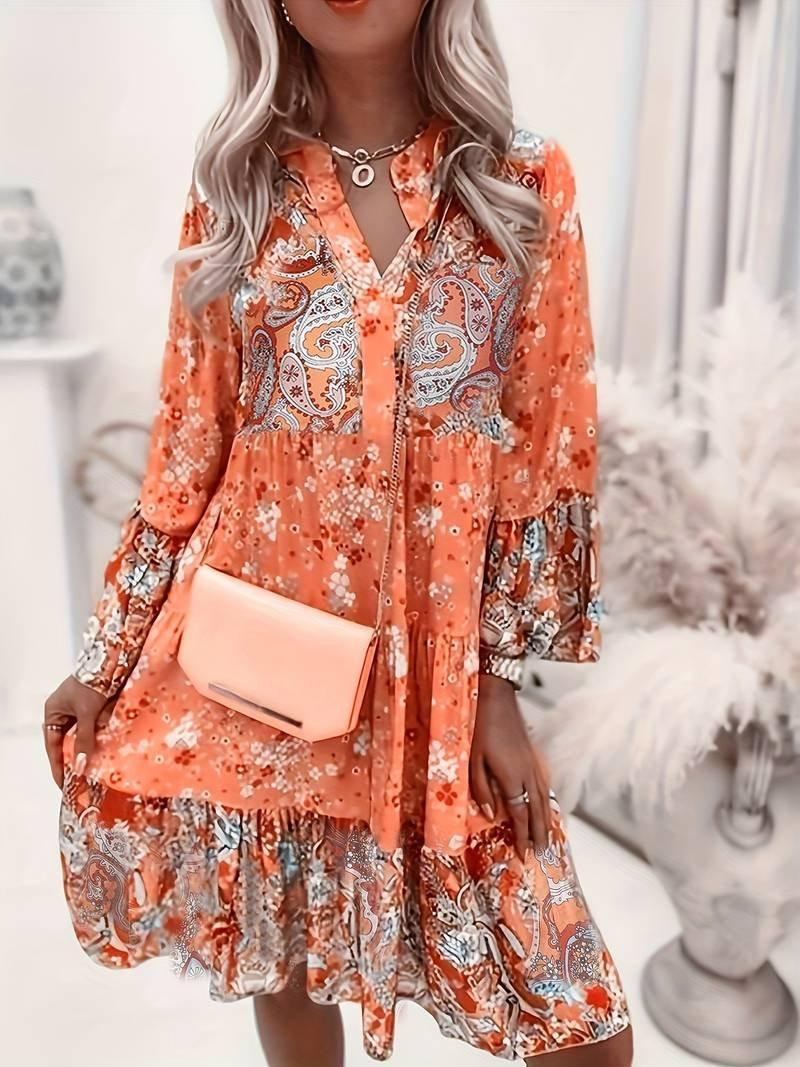 Olivia | Boho Midi Dress V-Neck Long Sleeve Floral Print Tiered