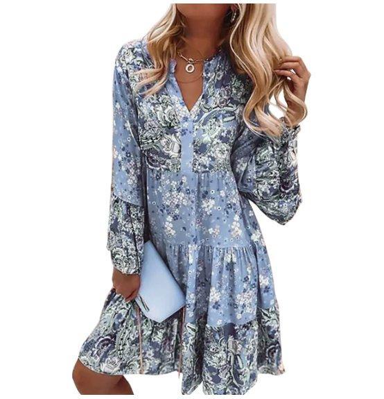 Olivia | Boho Midi Dress V-Neck Long Sleeve Floral Print Tiered