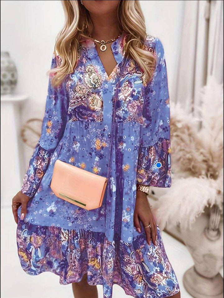 Olivia | Boho Midi Dress V-Neck Long Sleeve Floral Print Tiered