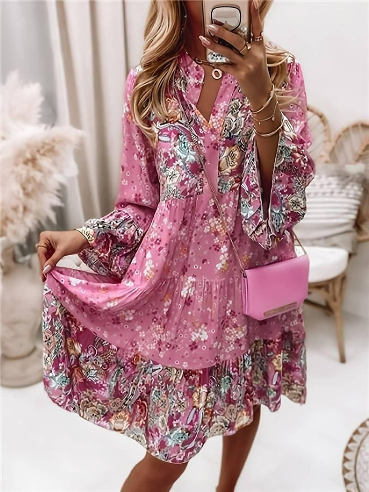 Olivia | Boho Midi Dress V-Neck Long Sleeve Floral Print Tiered