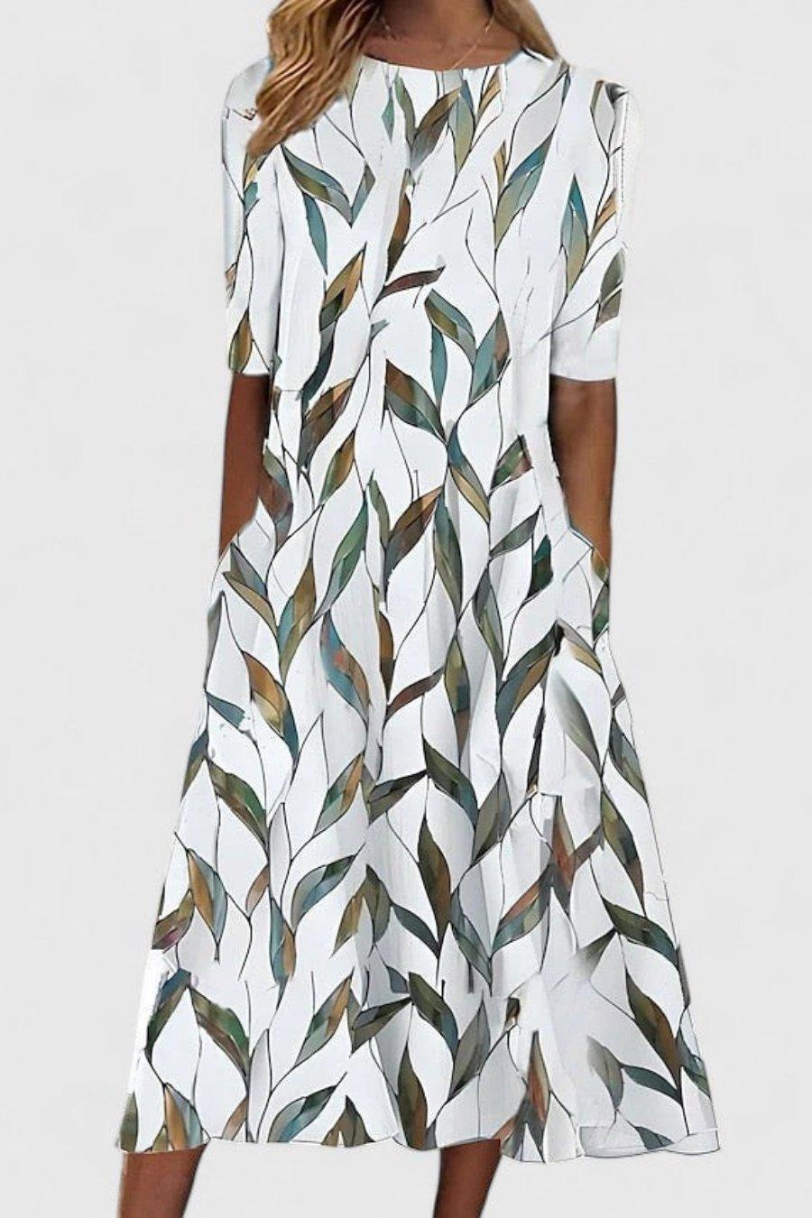 Olivia | Cotton Floral Midi Dress Round Neck Short Sleeve A-Line