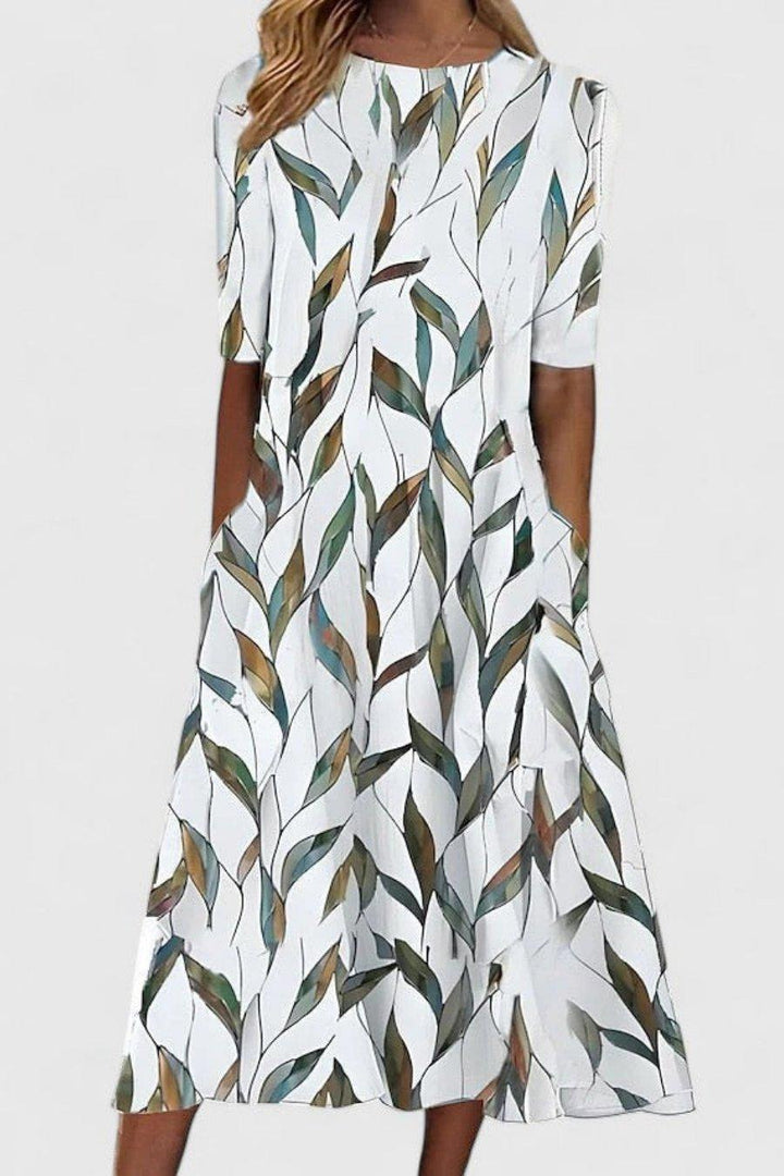 Olivia | Cotton Floral Midi Dress Round Neck Short Sleeve A-Line