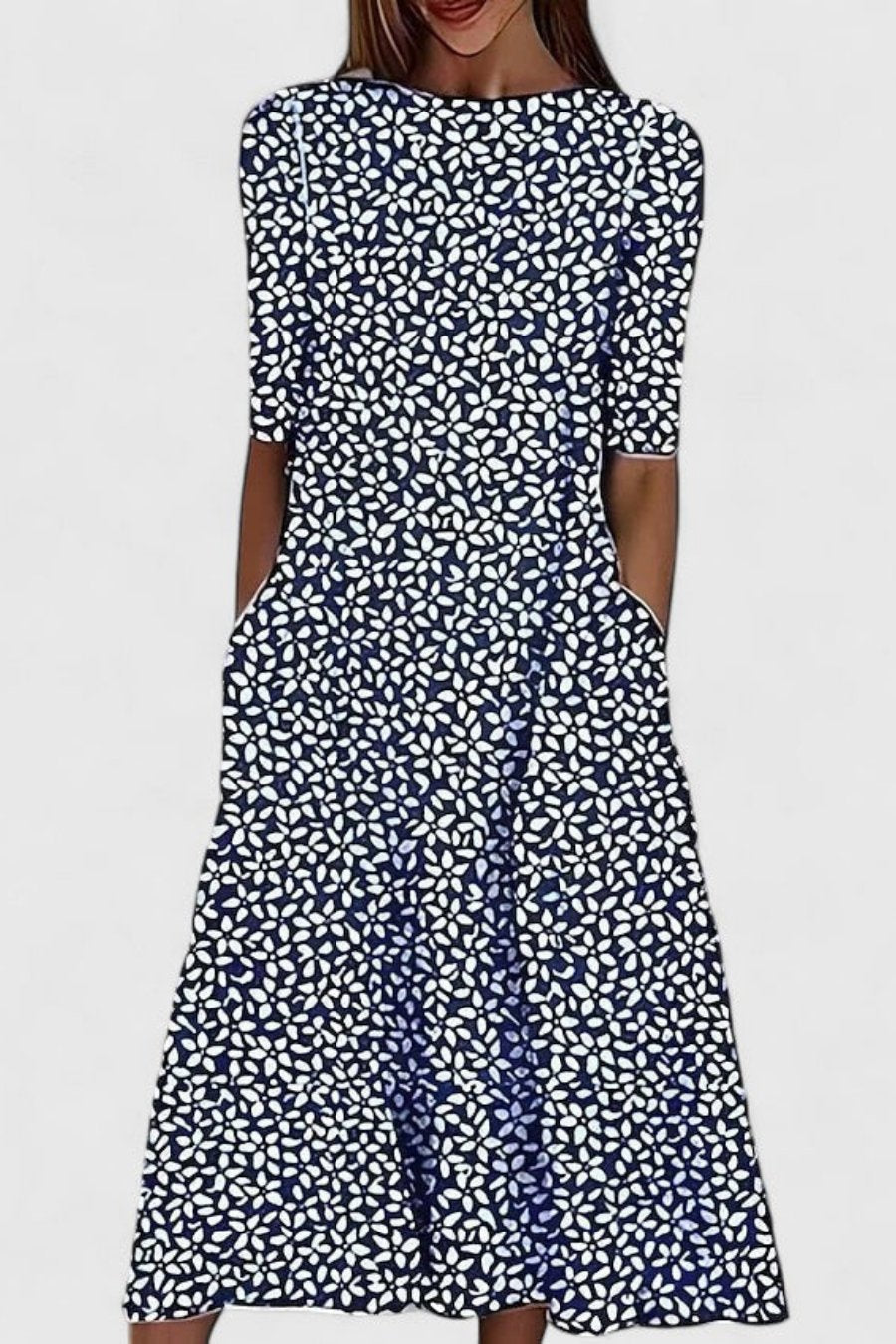 Olivia | Cotton Floral Midi Dress Round Neck Short Sleeve A-Line