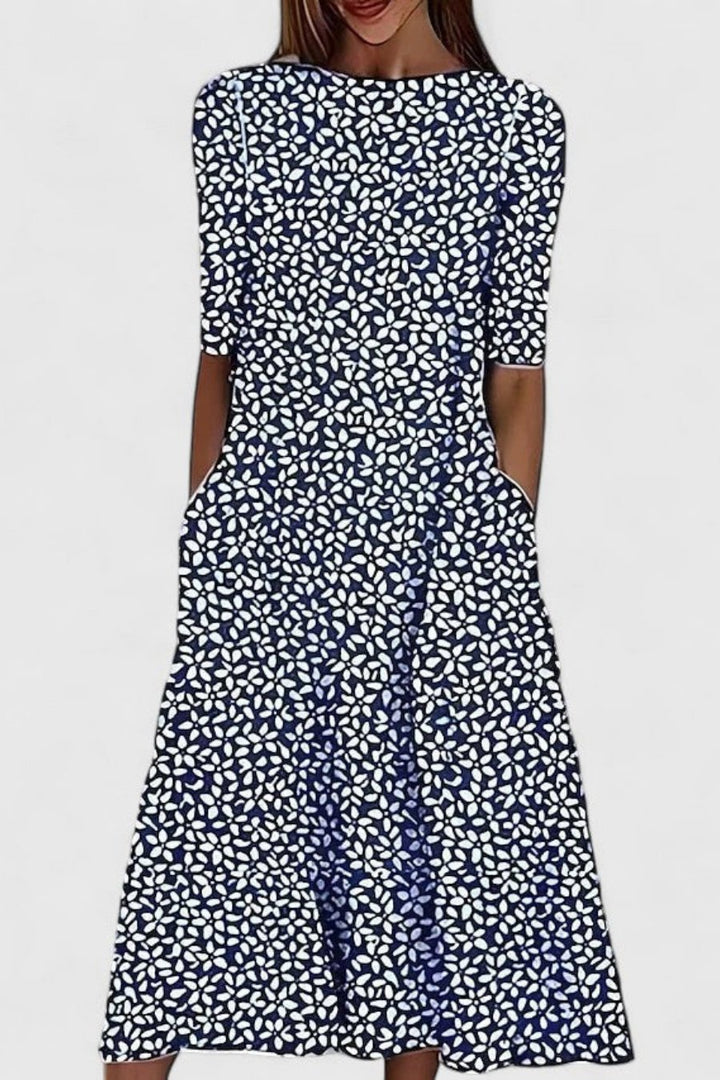 Olivia | Cotton Floral Midi Dress Round Neck Short Sleeve A-Line