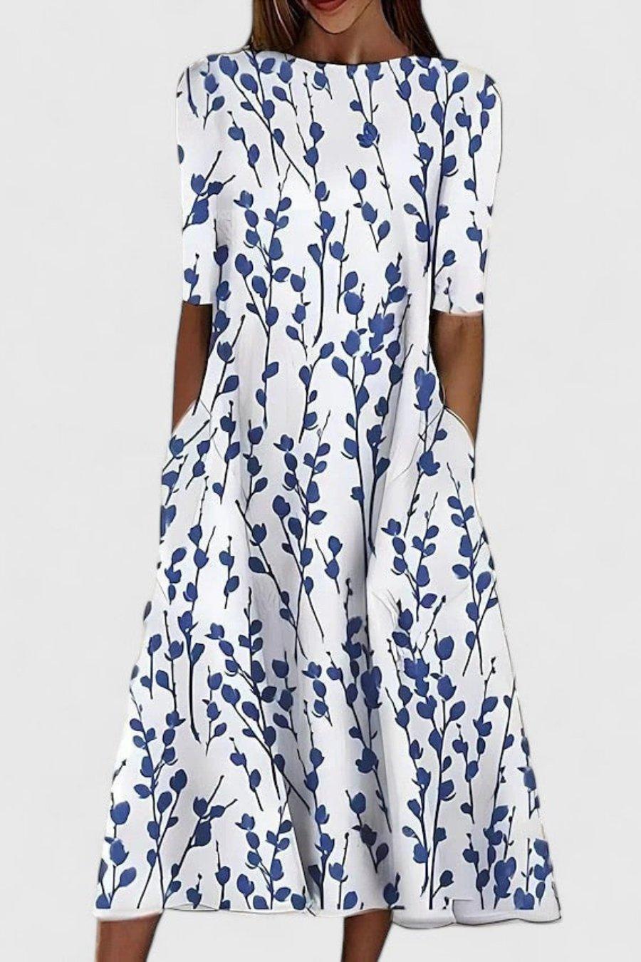 Olivia | Cotton Floral Midi Dress Round Neck Short Sleeve A-Line