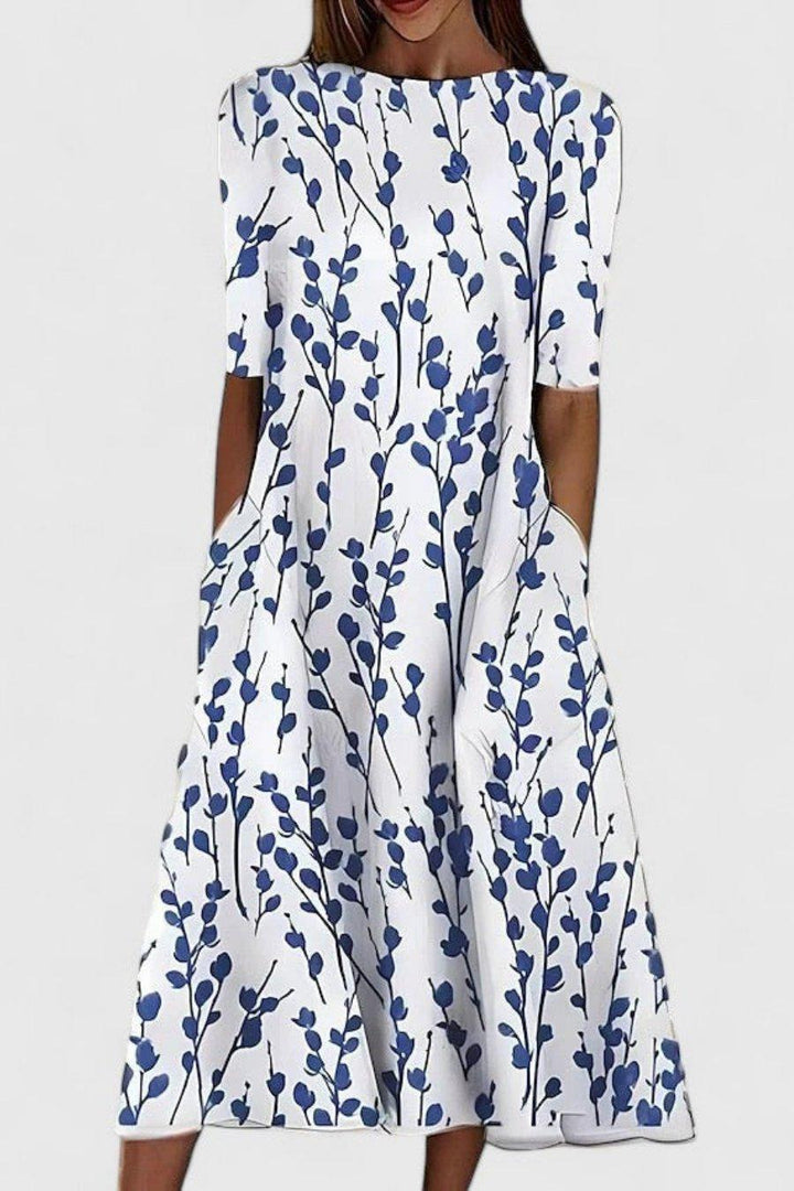 Olivia | Cotton Floral Midi Dress Round Neck Short Sleeve A-Line