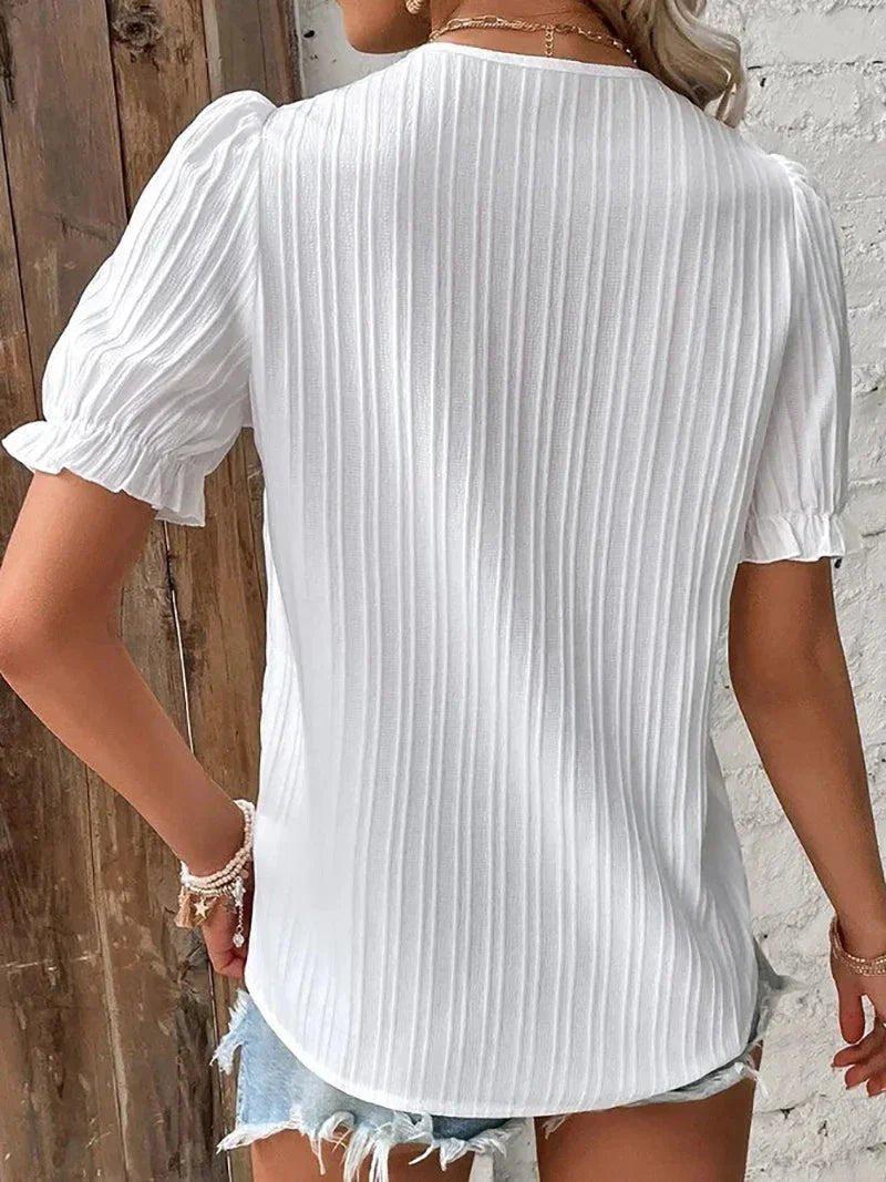 Olivia | White Blouse V-Neck Lace Detail Puff Short Sleeves