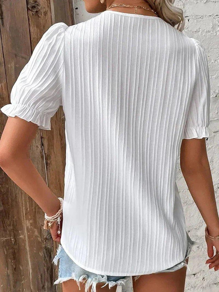 Olivia | White Blouse V-Neck Lace Detail Puff Short Sleeves