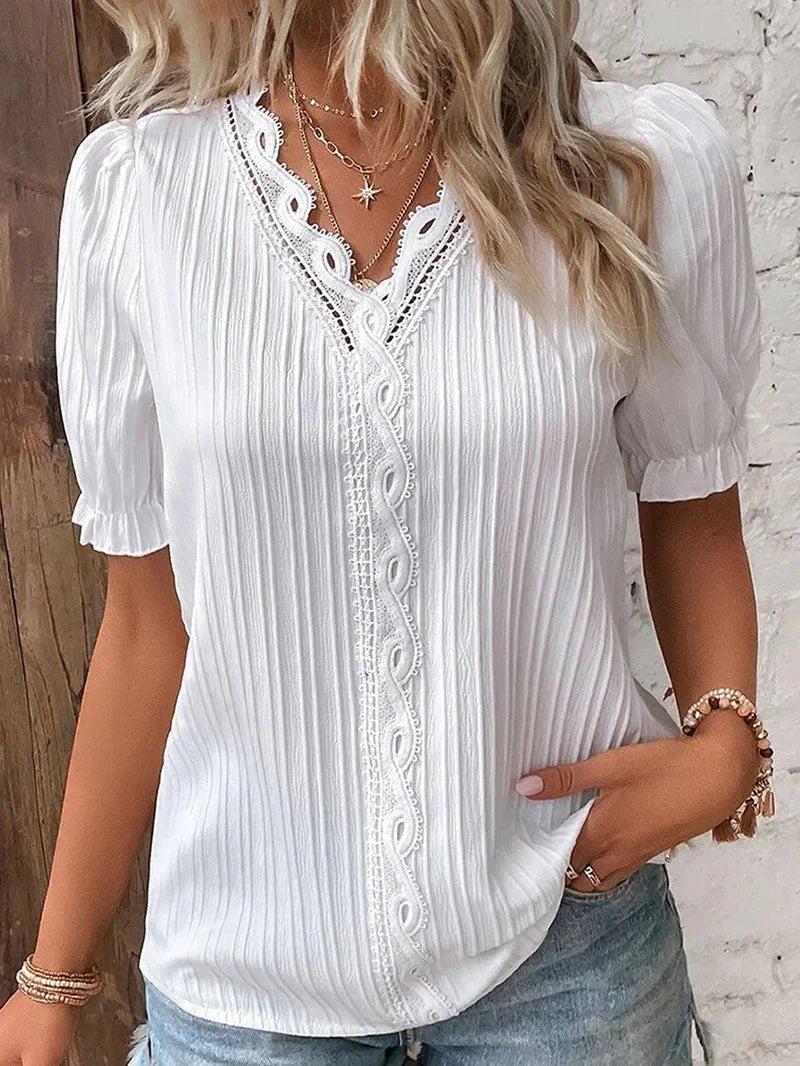 Olivia | White Blouse V-Neck Lace Detail Puff Short Sleeves
