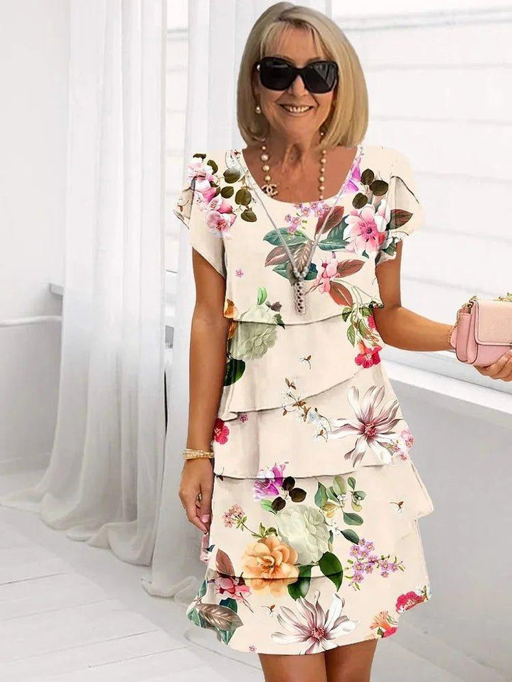 Scarlett | Floral Pleated Dress Ruffled Short Sleeve Midi