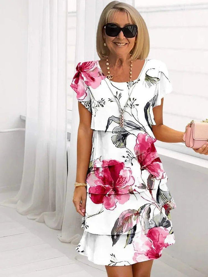 Scarlett | Floral Pleated Dress Ruffled Short Sleeve Midi