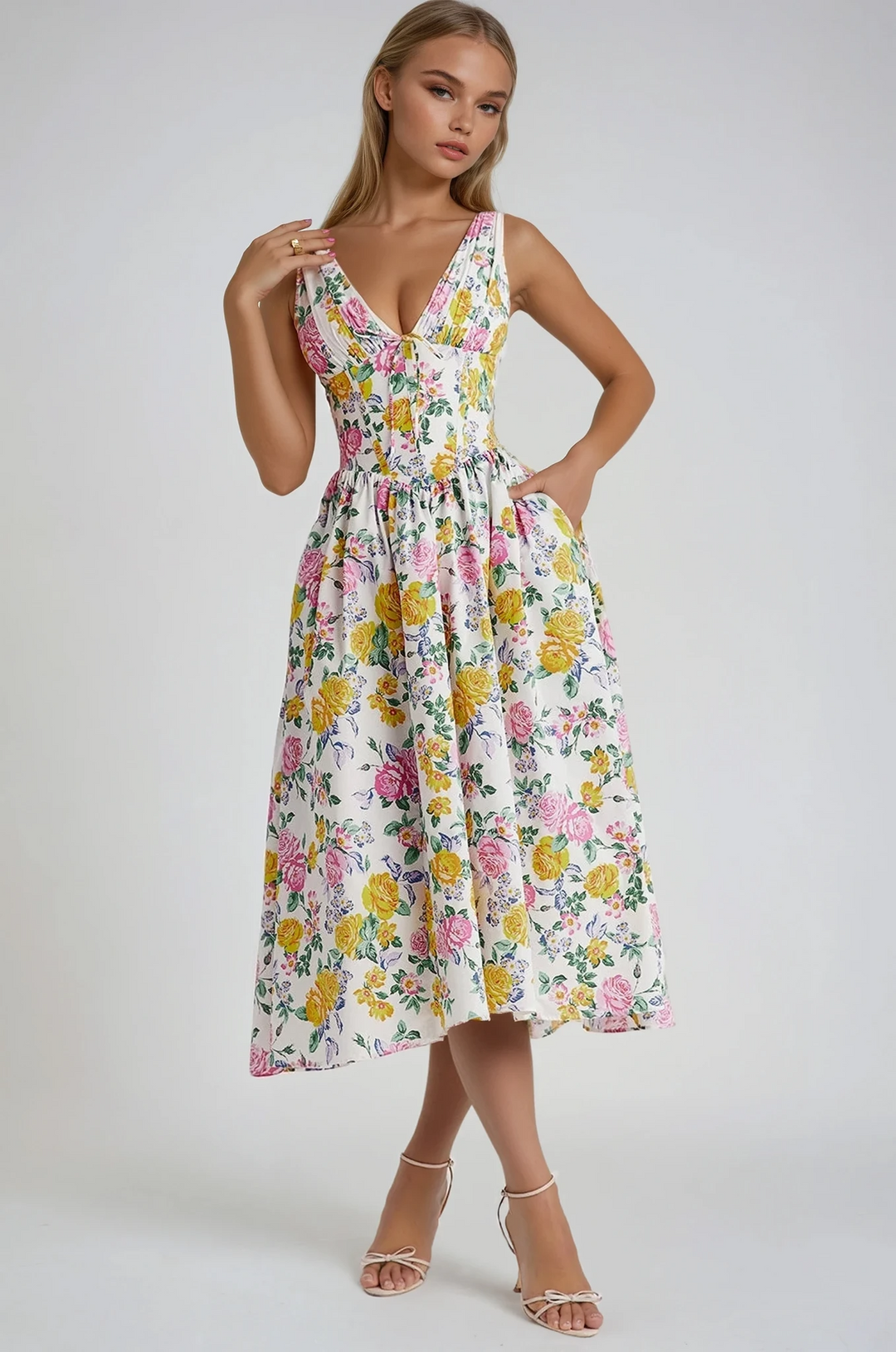 Taylor | Women's Floral V Neck Fit And Flare Midi Dress
