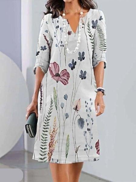 Victoria | Floral Print V-Neck Midi Dress Short Sleeve A-Line