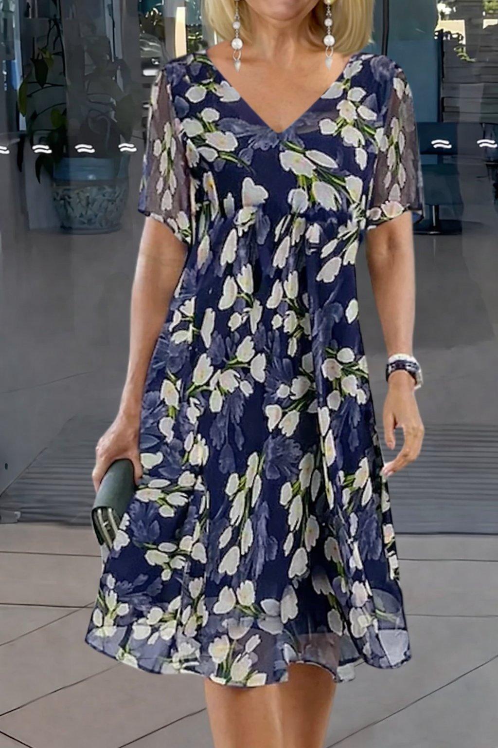 Victoria | Floral Print V-Neck Midi Dress Short Sleeve A-Line