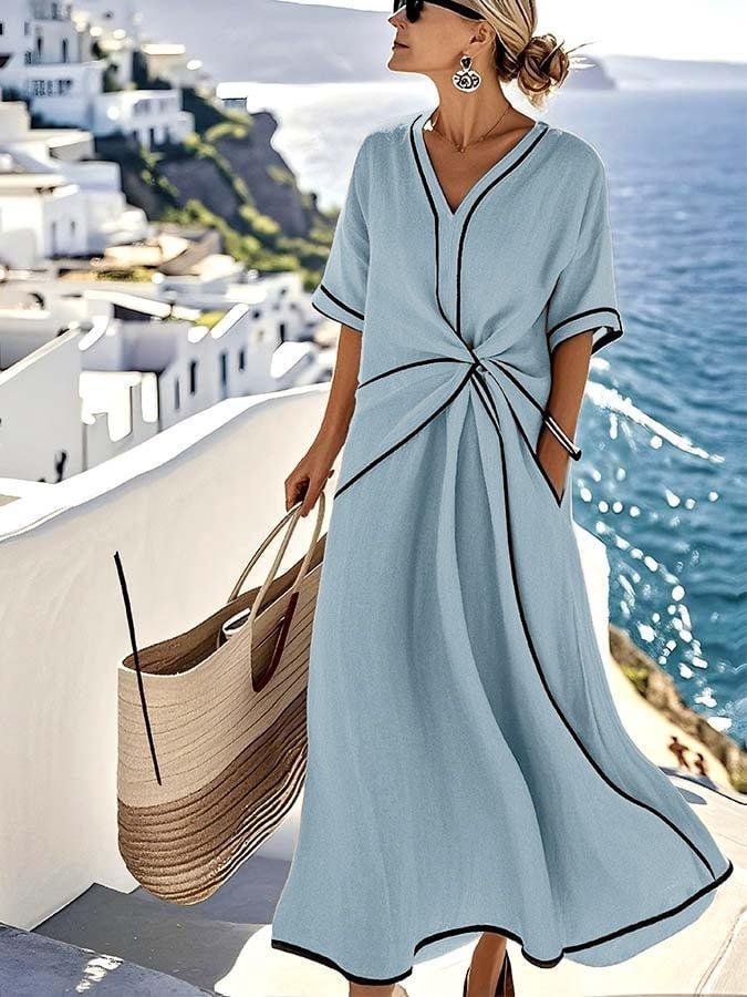 Victoria | Maxi Dress V-Neck Twist Front Contrast Trim Short Sleeve