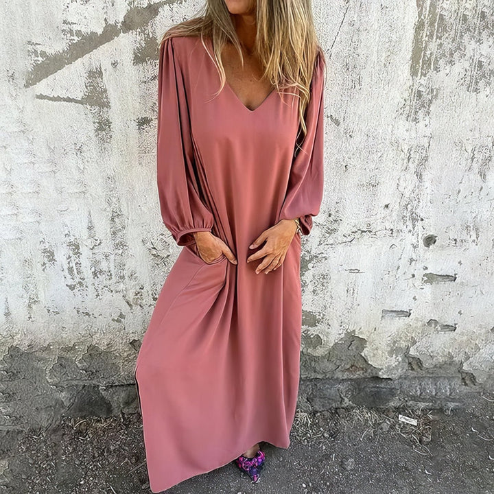 Victoria | Plus Size Maxi Dress V-Neck Long Sleeve Pockets