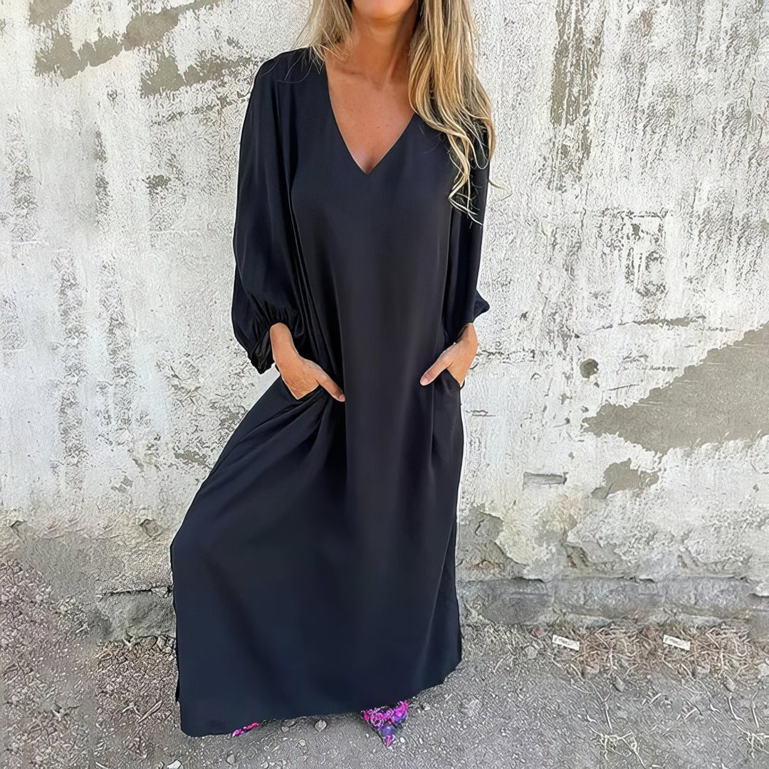 Victoria | Plus Size Maxi Dress V-Neck Long Sleeve Pockets