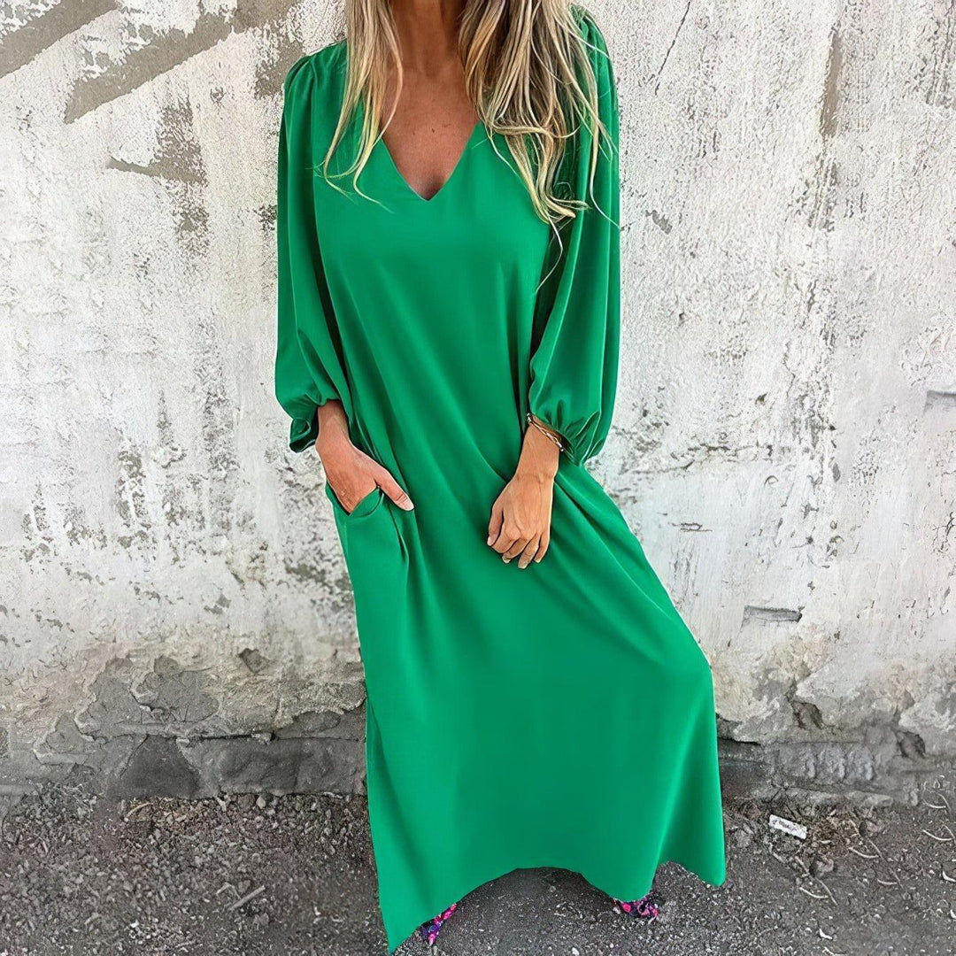 Victoria | Plus Size Maxi Dress V-Neck Long Sleeve Pockets