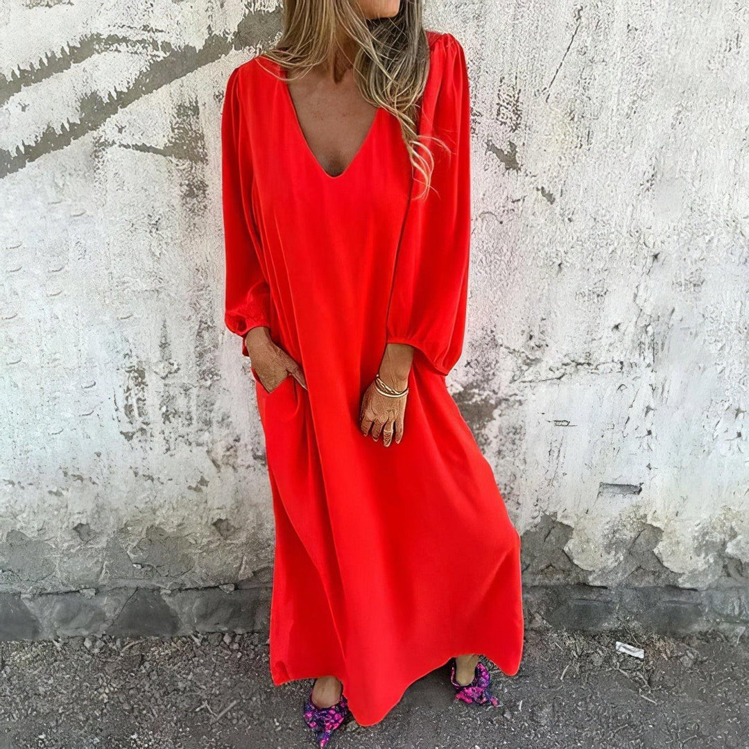 Victoria | Plus Size Maxi Dress V-Neck Long Sleeve Pockets