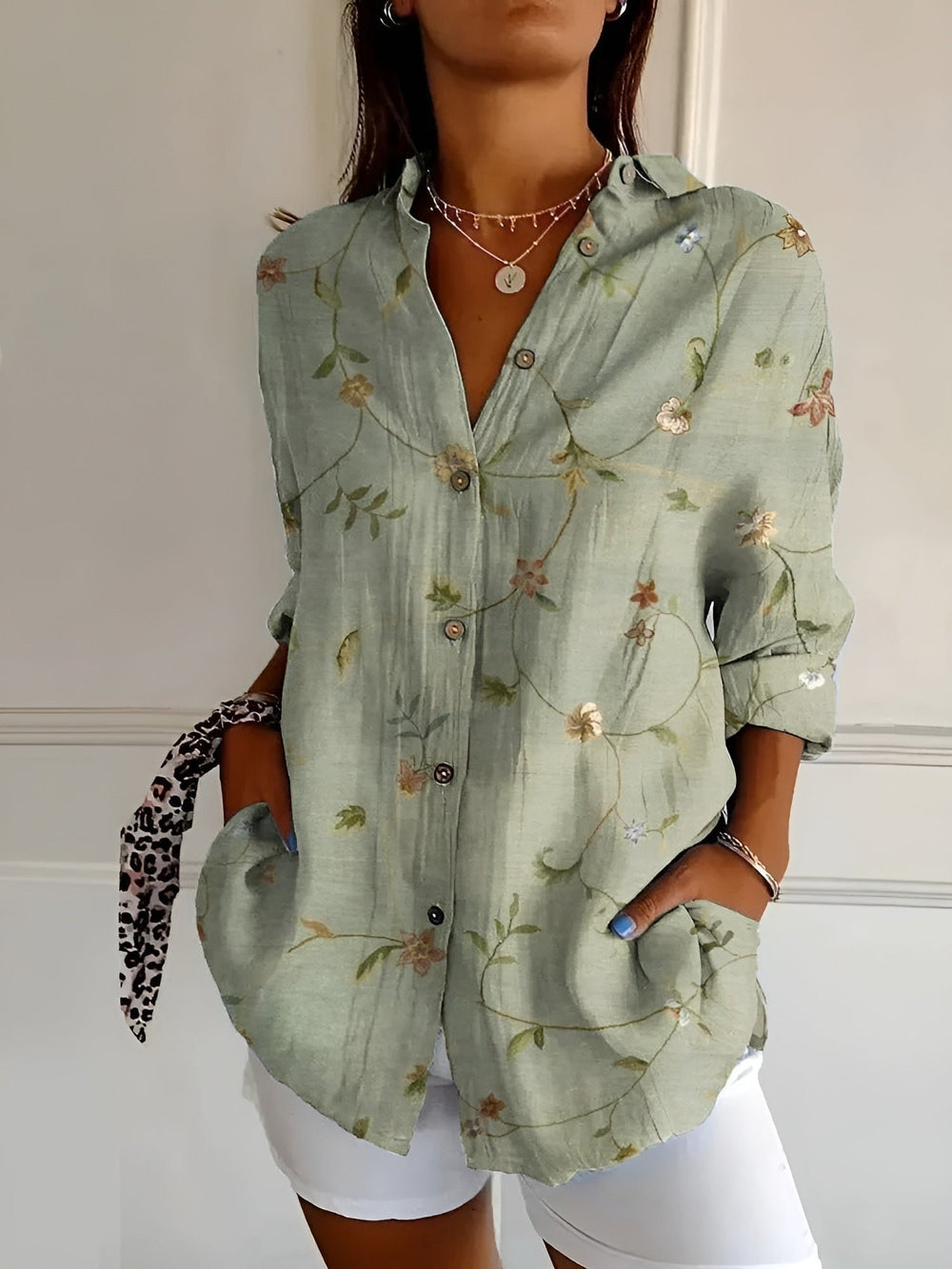 Victoria | Women's Button-Down Blouse V-Neck Floral Print Long Sleeve