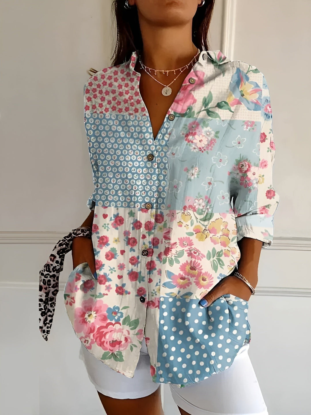 Victoria | Women's Button-Down Blouse V-Neck Floral Print Long Sleeve