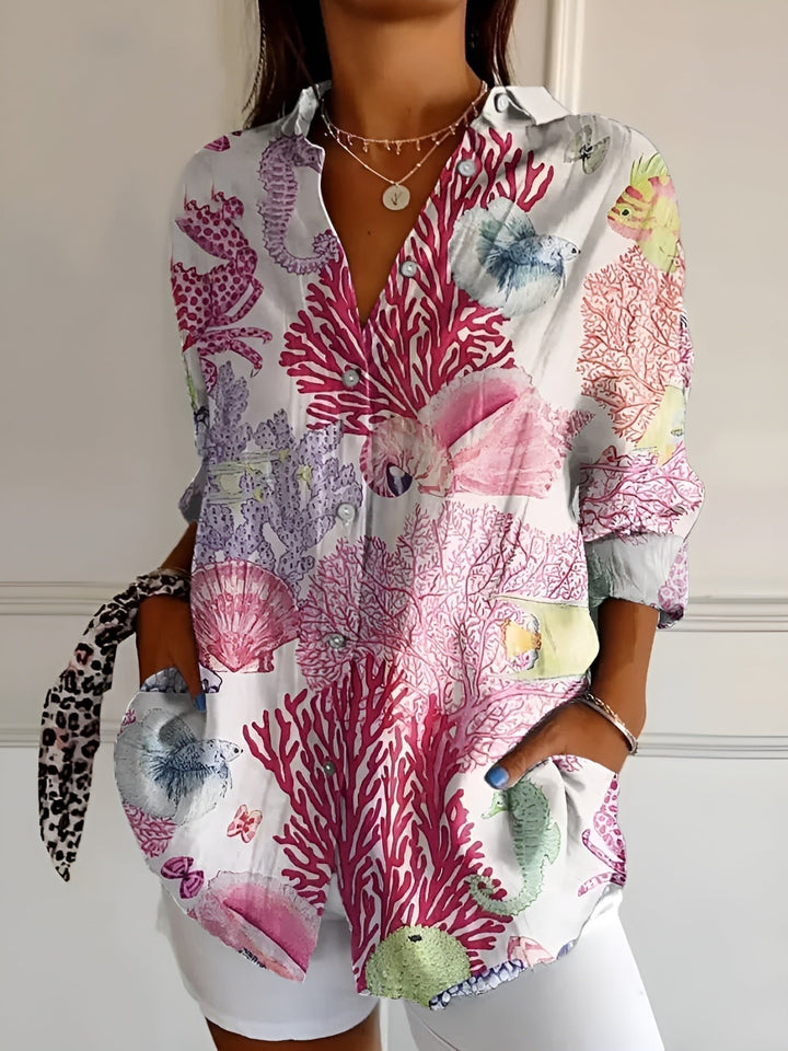 Victoria | Women's Button-Down Blouse V-Neck Floral Print Long Sleeve