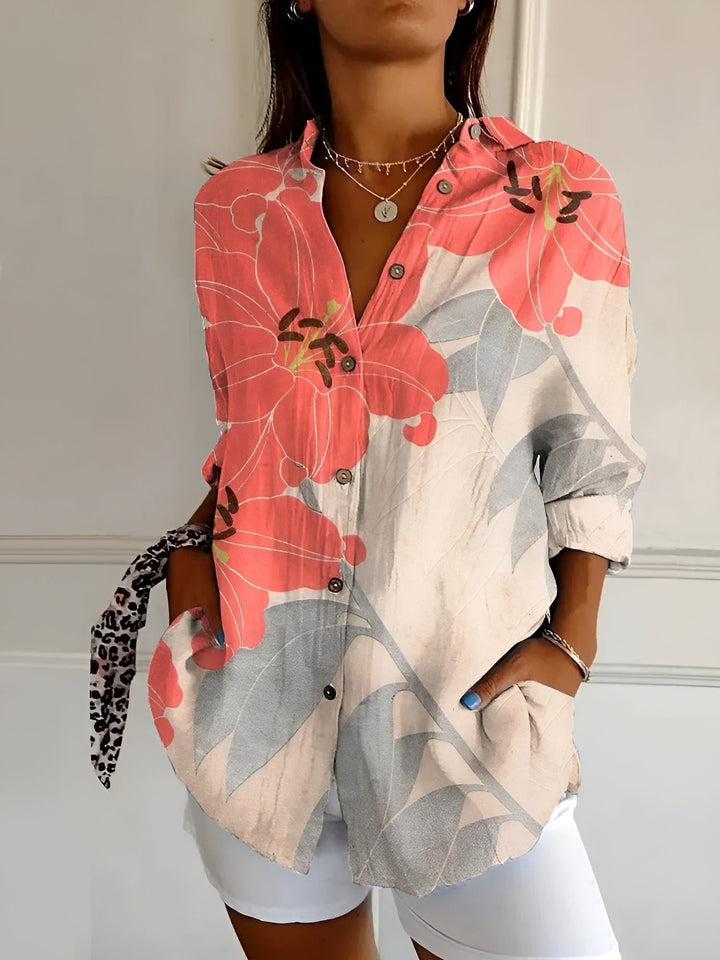 Victoria | Women's Button-Down Blouse V-Neck Floral Print Long Sleeve
