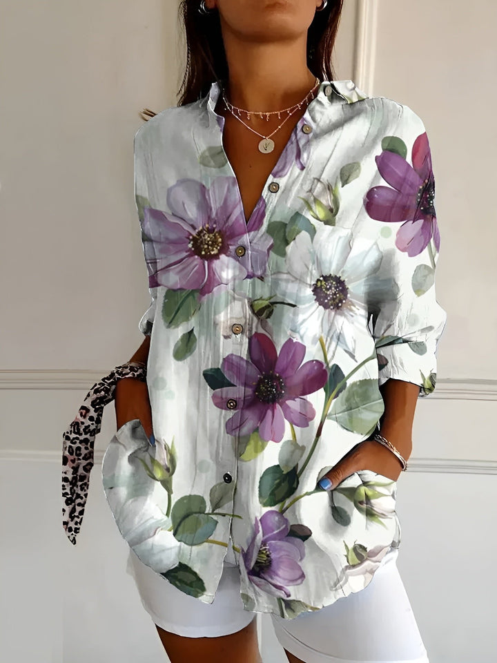 Victoria | Women's Button-Down Blouse V-Neck Floral Print Long Sleeve