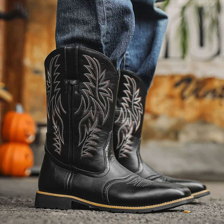 Men's Black Leather Embroidered Cowboy Boots Western Style