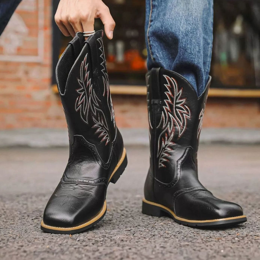 Men's Black Leather Embroidered Cowboy Boots Western Style
