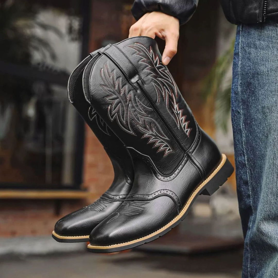 Men's Black Leather Embroidered Cowboy Boots Western Style - Black