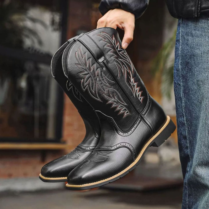 Men's Black Leather Embroidered Cowboy Boots Western Style - Black