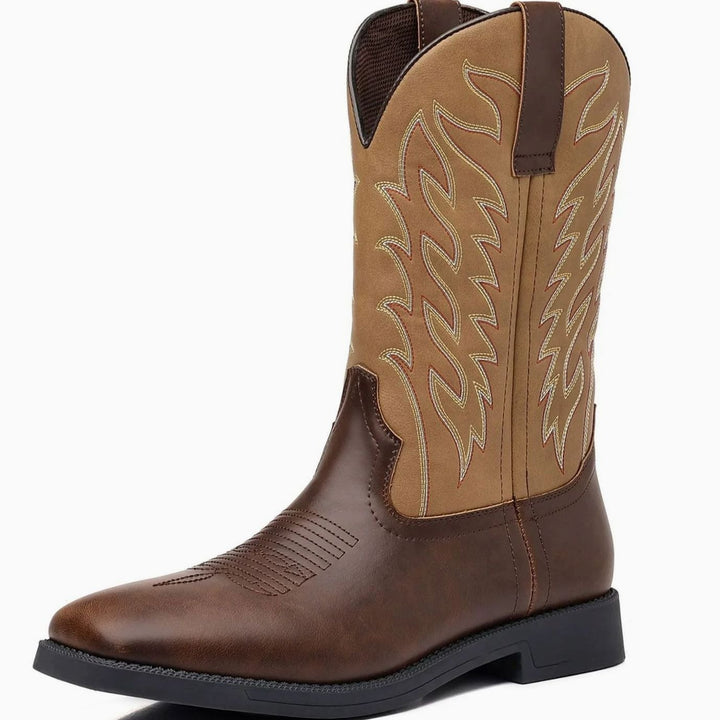 Men's Black Leather Embroidered Cowboy Boots Western Style - Khaki Brown