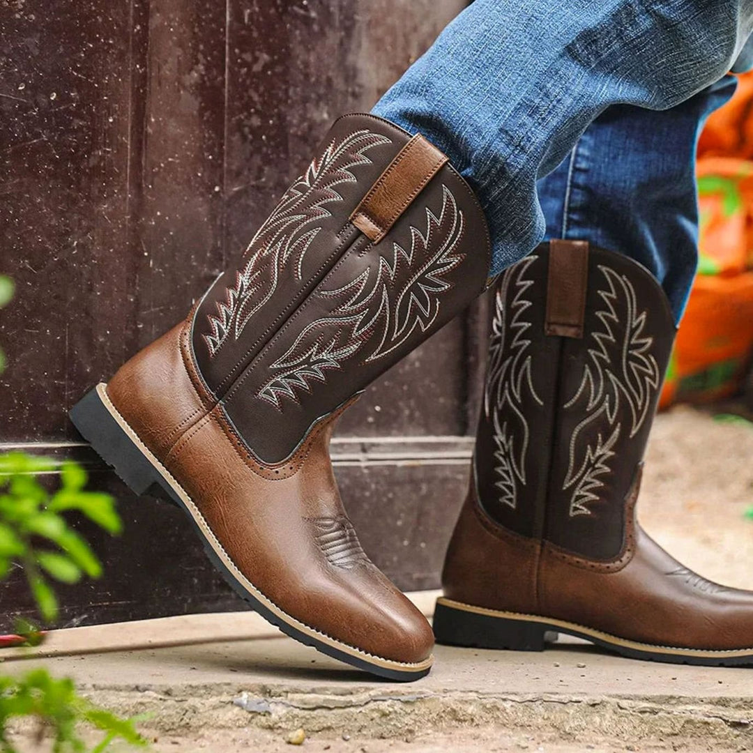 Men's Black Leather Embroidered Cowboy Boots Western Style