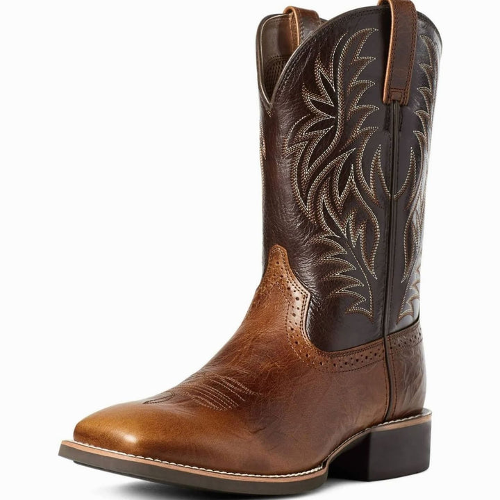Men's Black Leather Embroidered Cowboy Boots Western Style - Dark Brown