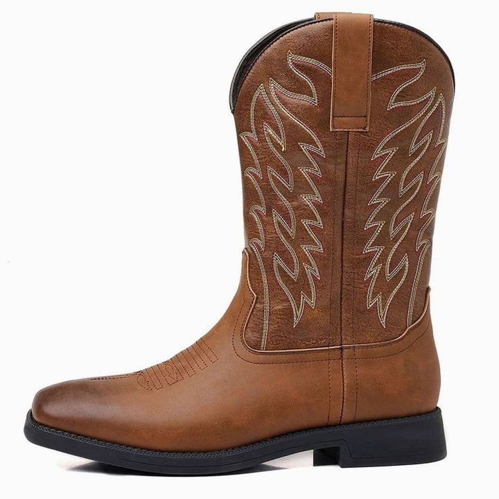 Men's Black Leather Embroidered Cowboy Boots Western Style - Brown