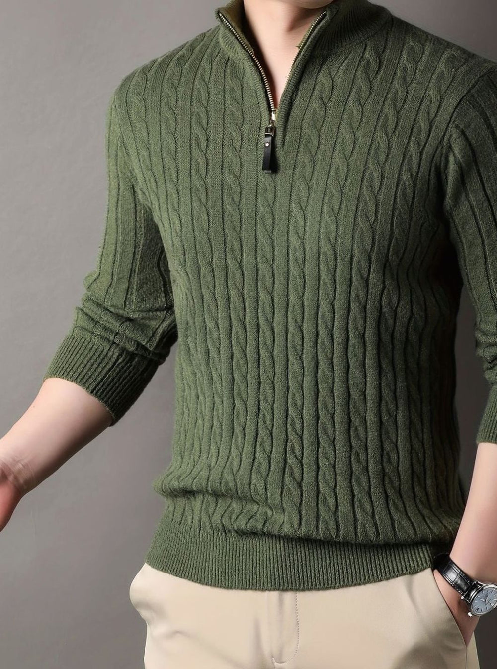 Men's Cable-Knit Half-Zip Winter Sweater - Green