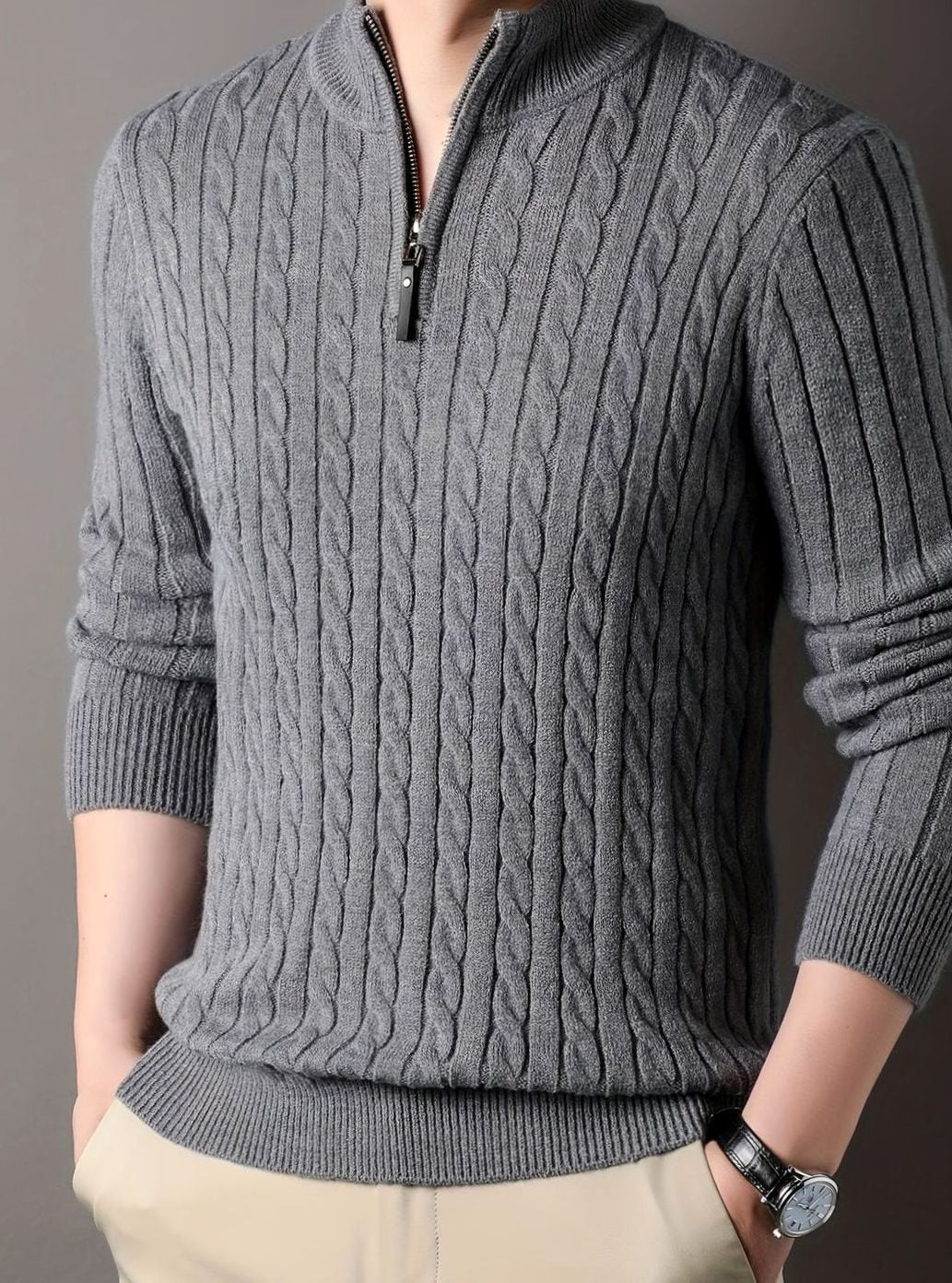 Men's Cable-Knit Half-Zip Winter Sweater - Grey