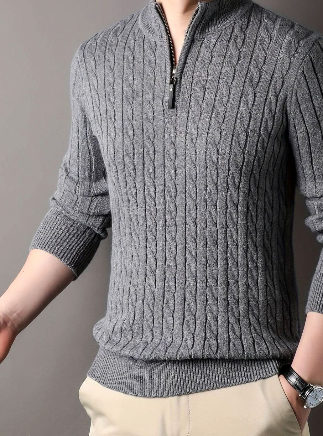 Men's Cable-Knit Half-Zip Winter Sweater