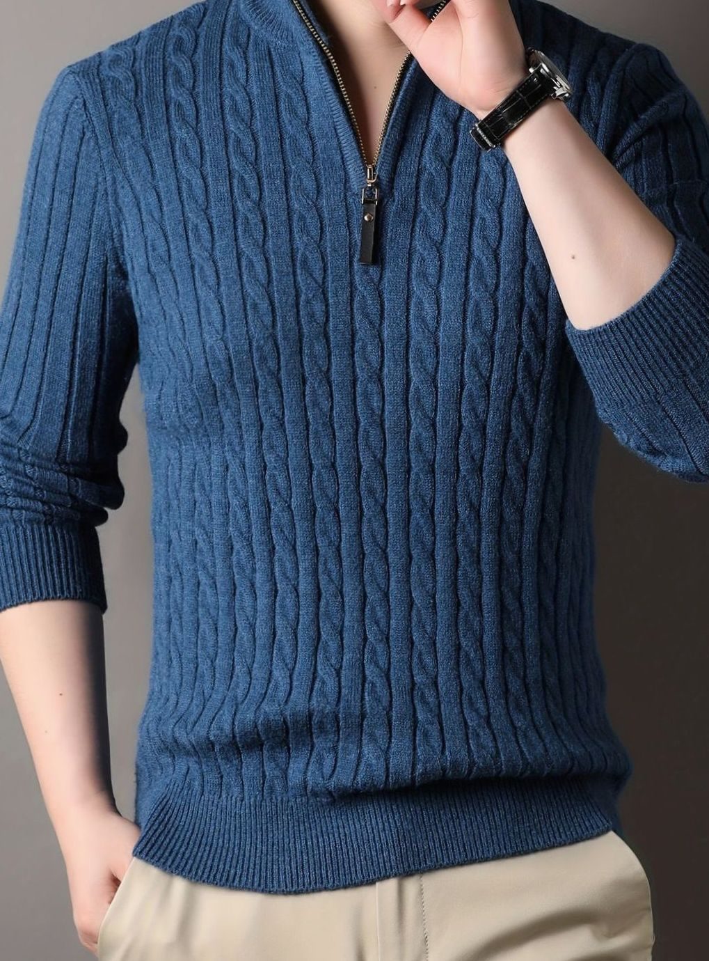 Men's Cable-Knit Half-Zip Winter Sweater