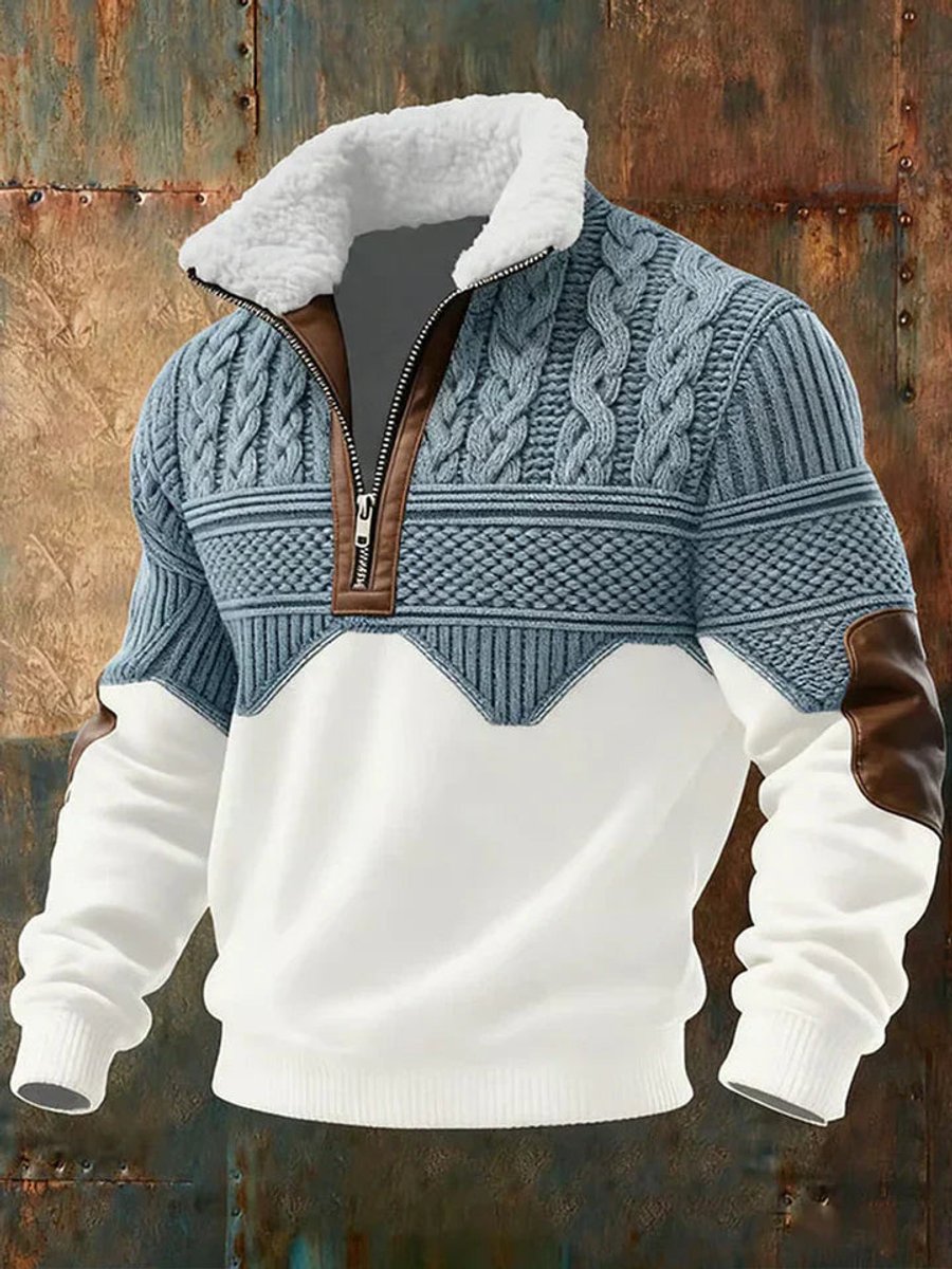 Men's Cable Knit Sweater Quarter-Zip Fleece Collar Pullover