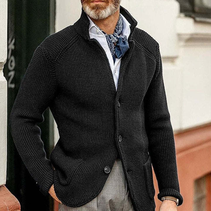 Mens Cardigan Button-Front Waffle-Knit Blazer Sweater - Black