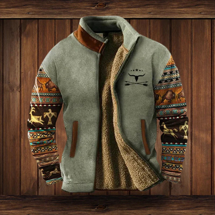 Mens Cardigan Sherpa-Lined Aztec Print Full-Zip Fleece Jacket - Gray with Print