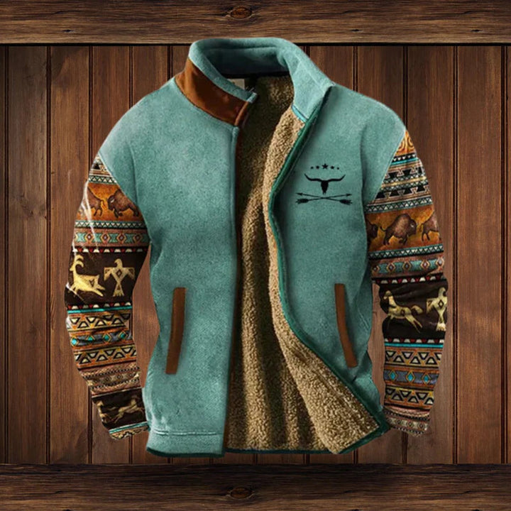 Mens Cardigan Sherpa-Lined Aztec Print Full-Zip Fleece Jacket - Blue with Print