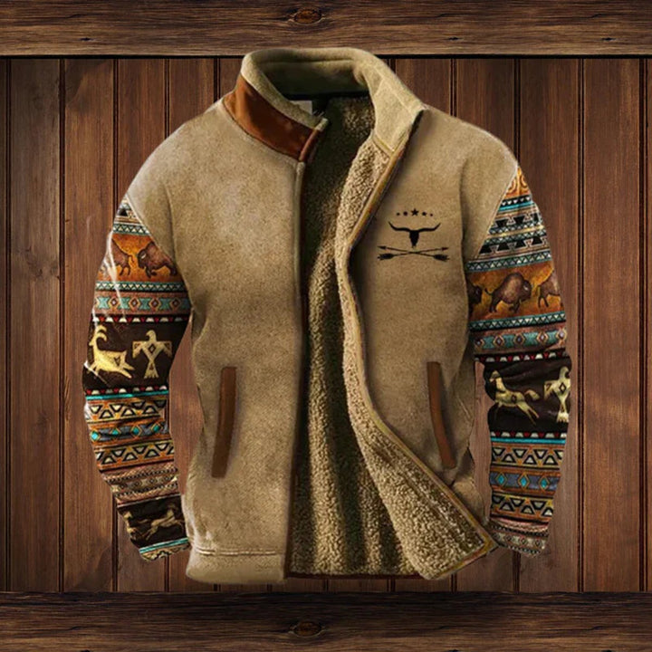 Mens Cardigan Sherpa-Lined Aztec Print Full-Zip Fleece Jacket - Brown with Print